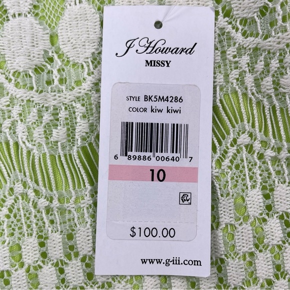 J Howard Dress Womens 10 Kiwi Green Cream Lace Overlay Midi Lined - Picture 13 of 13